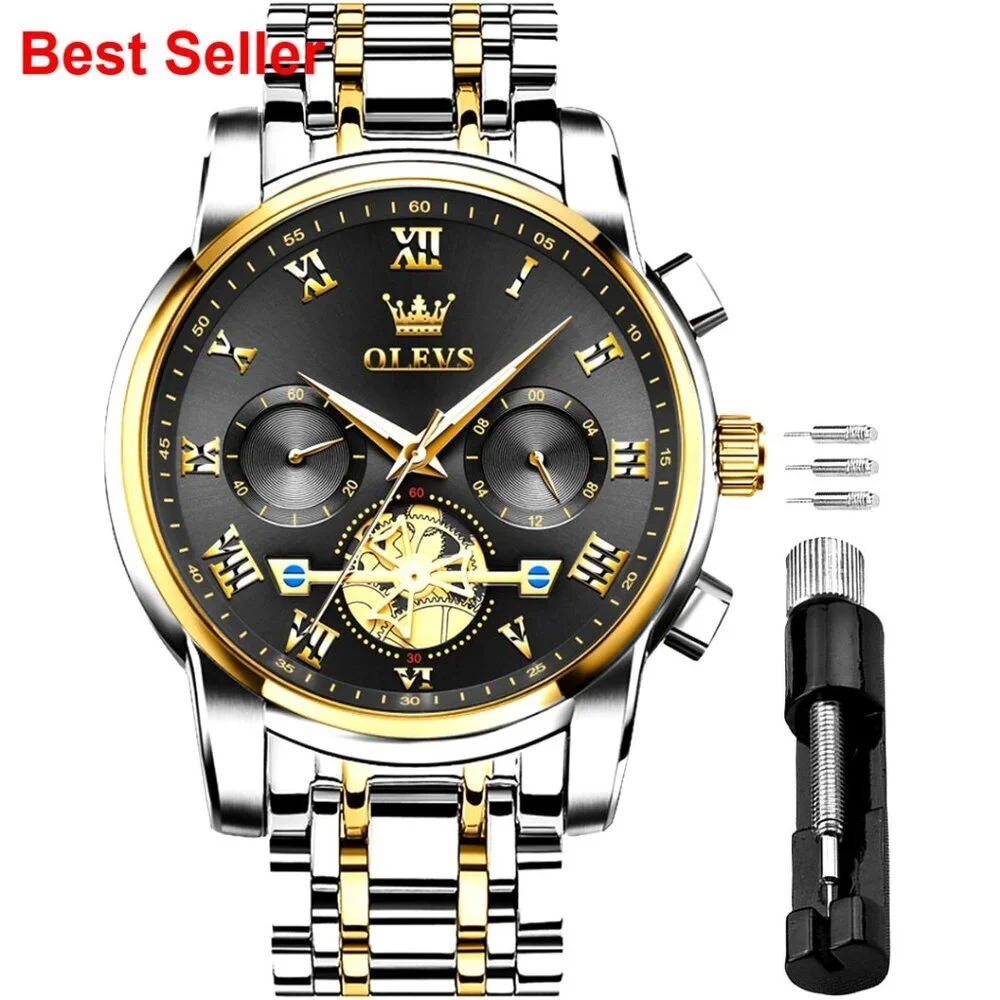 Stainless Steel Waterproof Chronograph Watch with Luminous Hands